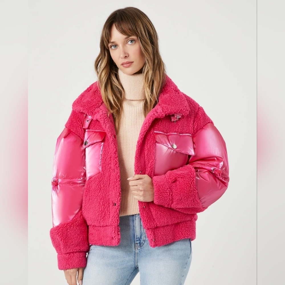 Bright Pink Faux Shearling Sherpa Bomber Jacket XS